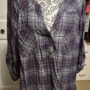 Torrid Purple and Gray Plaid Button-Down Shirt